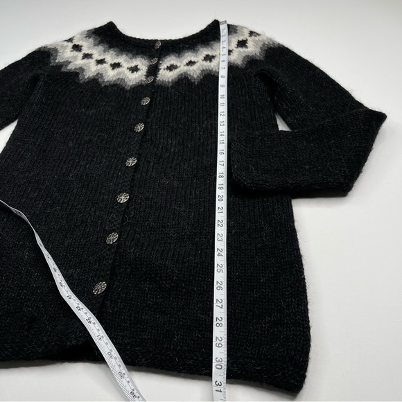 Fair Isle Cardigan Sweater Hand Knit Iceland Wool Black Grey Fisherman Apres Ski - Picture 11 of 15